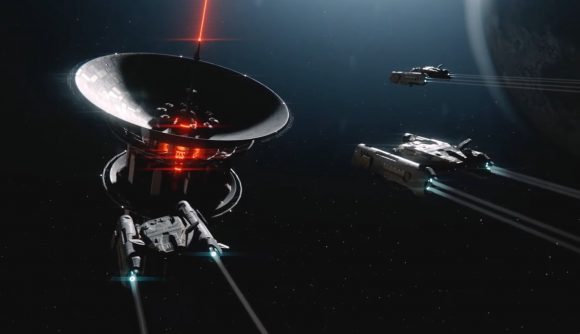 Three twin-engine Manti command vessels approach a massive orbital laser array in Galactic Civilizations 4.