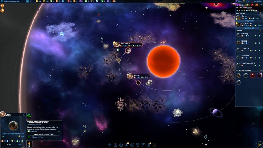 A shot of a local star system on space strategy game Galactic Civilizations IV's main map