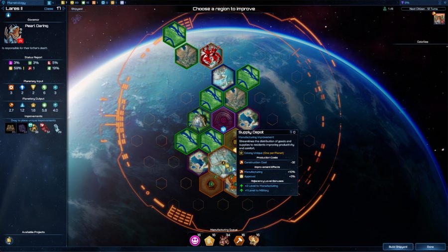 The colony management screen in space strategy game Galactic Civilizations 4