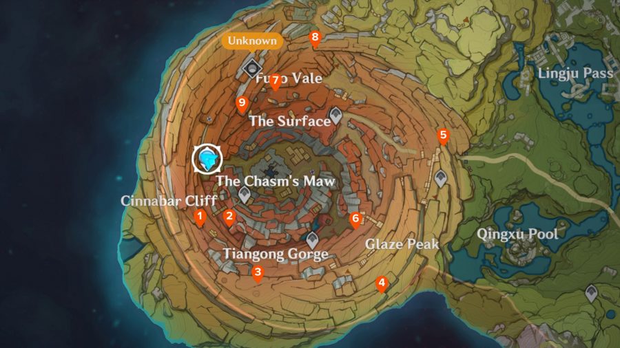 A map of The Chasm, showing all of the Genshin Impact archaic stone locations as pin markers