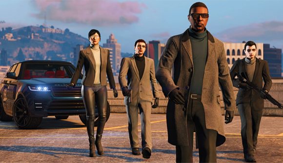 GTA Online weekly update: three Grand Theft Auto V players walk towards the camera away from a car while dressed as assassins