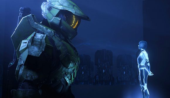 Halo episode one: Master Chief talks with Cortana against a blue backdrop
