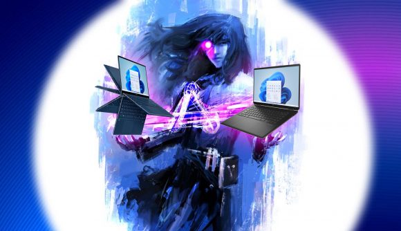 Intel Arc Alchemist mascot with HP and Asus gaming laptop models floating in each hand