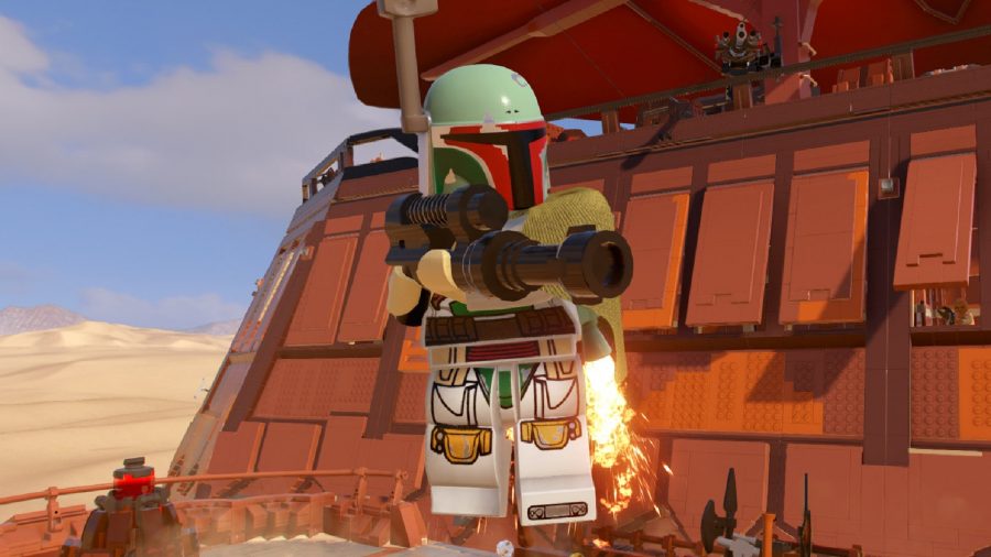 Lego Star Wars Skywalker Saga size: Lego Boba Fett flying with jetpack and gun