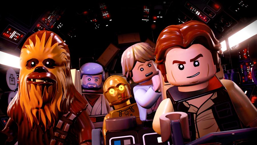 Lego Star Wars: The Skywalker Saga coop: The heroes of the original trilogy, sat in the Millenium Falcon, including Chewbacca, Ben Kenobi, C3PO, Luke Skywalker, and Han Solo