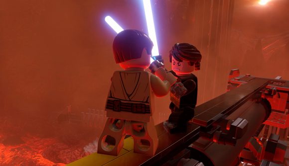Lego versions of Obi-Wan Kenobi and Anakin Skywalker duel in Lego Star Wars: The Skywalker Saga on Steam