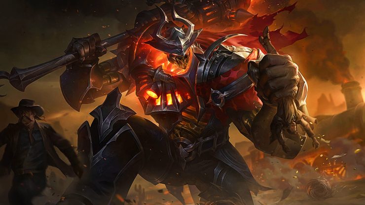 LoL High Noon Mordekaiser splash art: a League of Legends champion lunges forward with a clenched fist