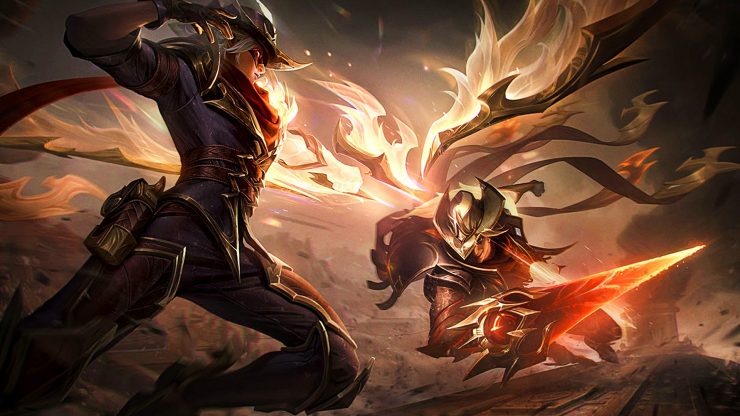 LoL High Noon Talon splash art: a League of Legends champions slashes with a foe against a fiery backdrop 