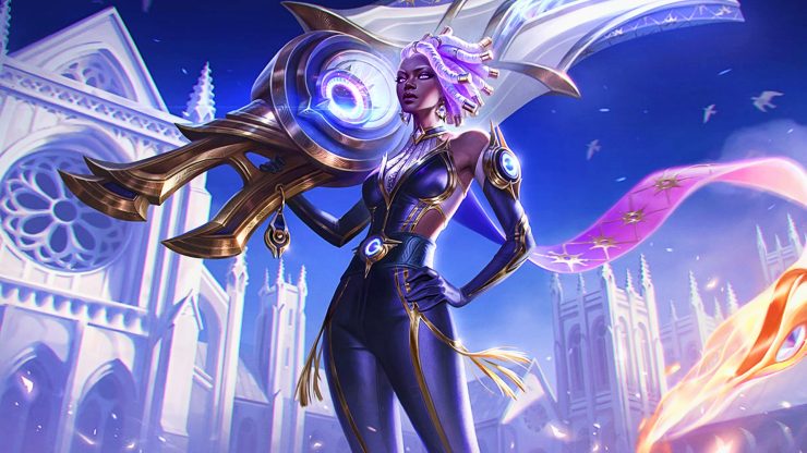 League of Legends Eclipse Senna stands with her blade in a white city while wearing her prestige skin