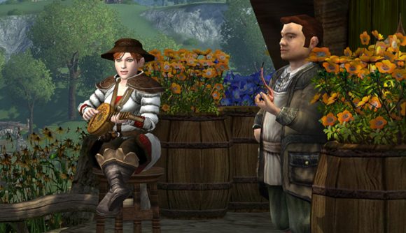 Lord of the Rings Online free-to-play: A pair of hobbits on a stone porch