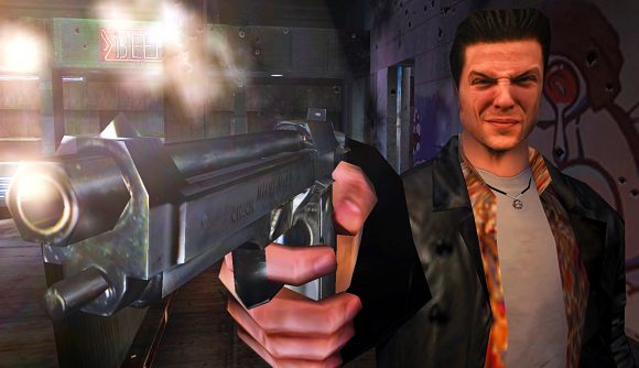 Max Payne grimaces as he fires a pistol in the original Max Payne