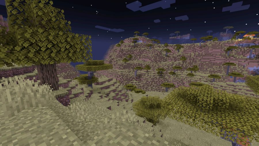 A section of savannah descending into a valley, one of several biomes in Minecraft