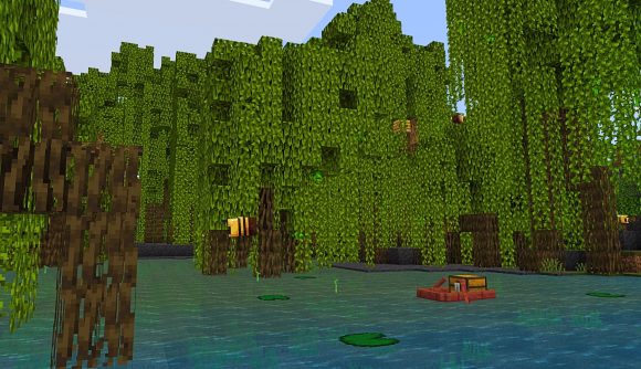 Minecraft snapshot 22w14a: a Mangrove boat floats down the stream in the swamp