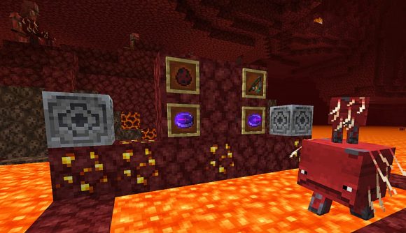 Minecraft snapshot: a mob floats across the lava in an underground cave