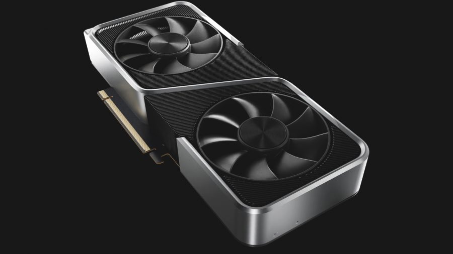 RTX 4070: Nvidia GeForce graphics card at an angle on a black background