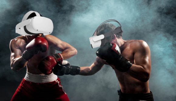 Two boxers, one on right wearing Pico Neo 3 VR headset and one on left wearing Oculus Quest 2
