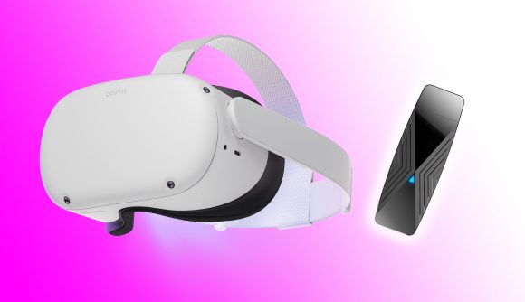 Oculus Quest 2 wireless: Meta headset next to D-Link adapter on pink backdrop
