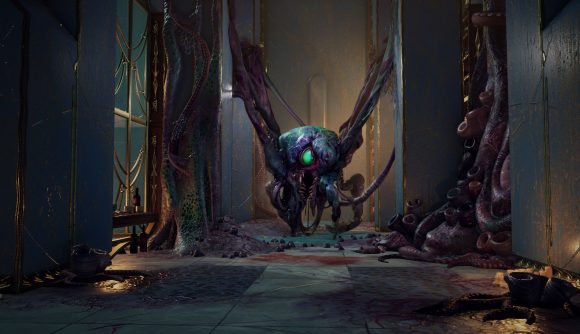 A purple, bulbous alien hangs from its long arms in a hallway overgrown with tentacles and suction cups in Phoenix Point, which will get official mod support this summer