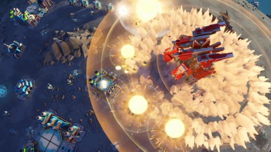 A massive red titan stomps down on a planetoid, causing huge dust clouds and explosions to erupt in Planetary Annihilation: Titans.