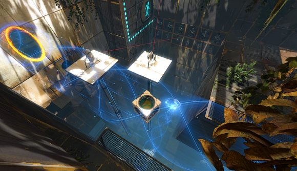 Portal 2: a puzzle level with a cube suspended in a gravity well