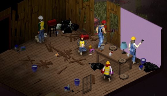 Project Zomboid characters wear red hard hats as they rebuild the walls of a house.