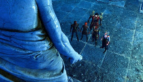 Solasta co-op: a group of adventurers gather around a blue statue in dnd game Solasta