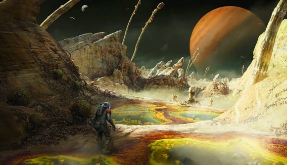 Starfield beta: an astronaut walks across the terrain of a toxic planet as monsters loom in the distance