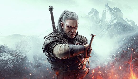 The official cover art for The Witcher 3 next-gen upgrade, in which protagonise Geralt smirks while drawing his sword