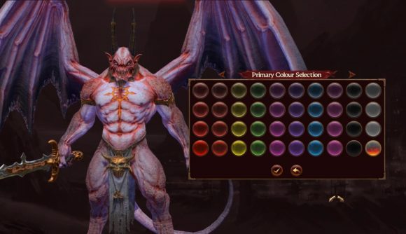 A winged daemon prince is shown with a whitish blue skin tone and red detailing in Total War: Warhammer 3