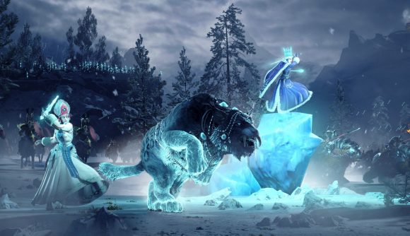 A Kislev ice queen and magical snow leopard charge into battle across the snowy wastes in Total War: Warhammer 3.