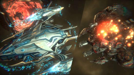 A blue ship triumphantly blows up an enemy in Trigon: Space Story