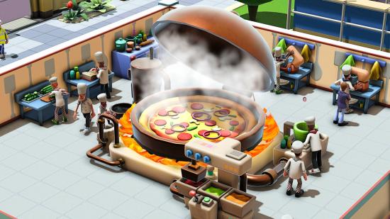 Two Point Campus release date: students gather around a giant pizza