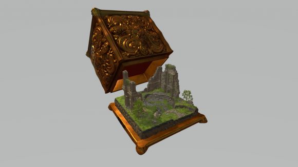 An ornate gold box opens to reveal a square of terrain with crumbling ruins.