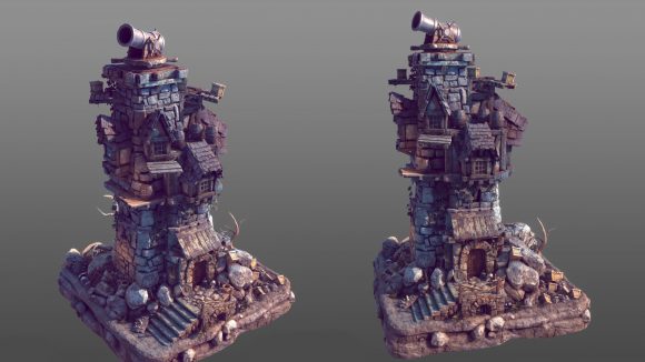 Two views of a whimsical stone guard tower with a chunky cannon on the roof, modeled to look like a tabletop miniature.