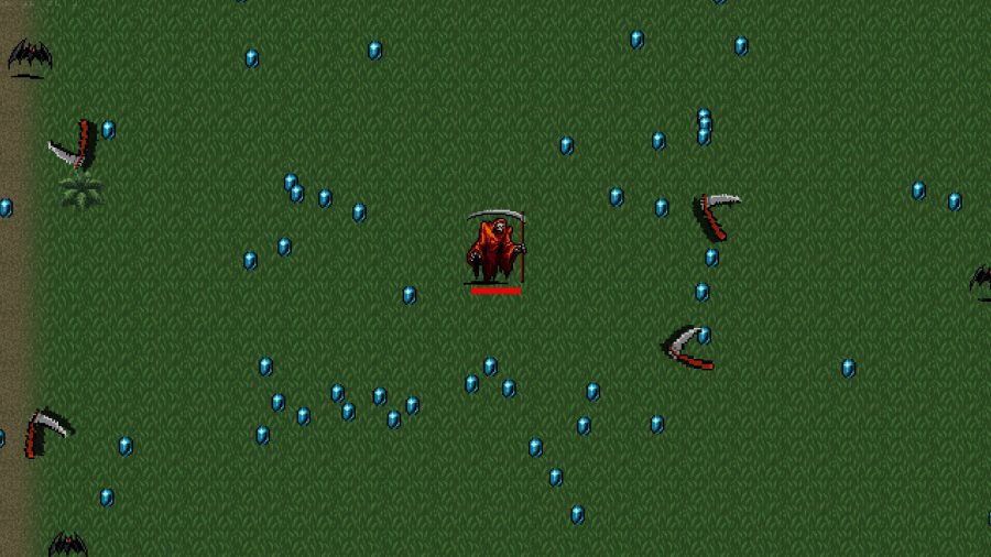 Vampire Survivors cheats: Red Death is standing in the middle of the field, surrounded by gems and throwing scythes.