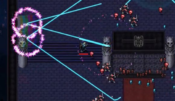 A sorceress dodges floating red skulls as blue runetracer beams bounce around the room in Vampire Survivors' new Tower level.