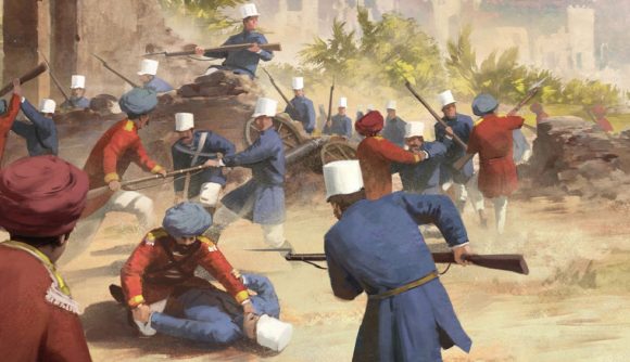 A painting depicts soldiers in red and blue uniforms fighting with bayonets in a 1933 battle.