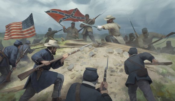 Union soldiers with bayonets fixed on their rifles charge a Confederate line on a hilltop in artwork created for Victoria 3.