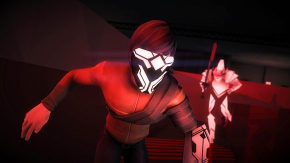A character runs through a maze while bathed in red light