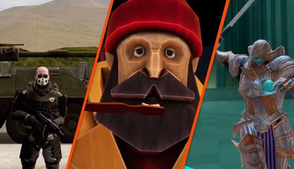 VR games spliced together, one image shows a Zero Calibur: Reloaded screenshot, one shows a screnshot of A Fisherman's Tale, and the other shows a Sword of Gargantua screenshot. All are included in Fanatical's VR bundle.