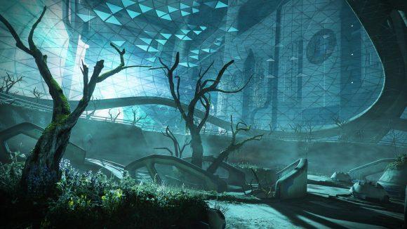 An abandoned park is covered by a polygonal glass ceiling aboard the Zariman in Warframe.