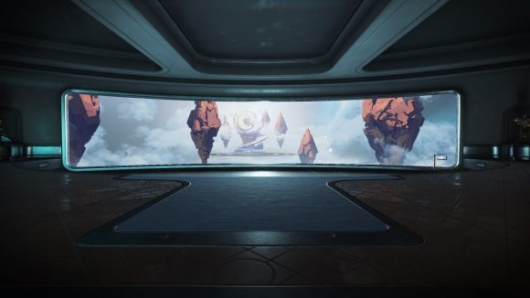 A Dormizone panel on Warframe's Zariman Ten Zero, displaying a view of a cloud-covered world with floating islands.