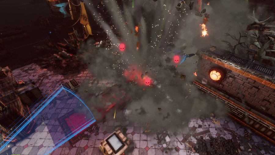 Warhammer 40k Chaos Gate Daemonhunters screenshot gameplay with smoke explosion and skull icons