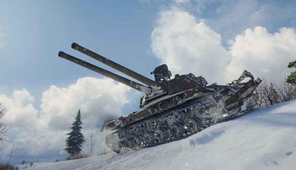 A double-barreled IS-2-II tank in a snowy scene in World of Tanks.