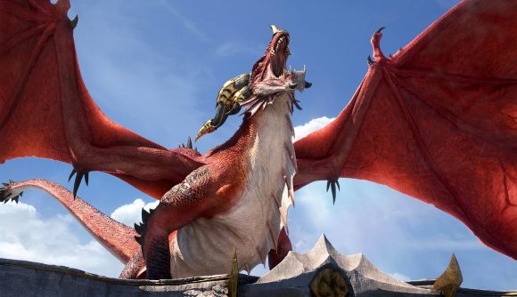 A dragon roars, unhappy about the World of Warcraft Dragonflight Mythic raid race