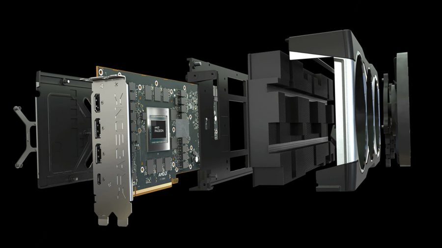 AMD Radeon RX 7900 XT: вид стандартной видеокарты AMD на черном фоне в разобранном виде