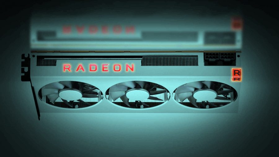 AMD Radeon RX 7900 XT: графический процессор AMD текущего поколения на зеленом фоне с зеленым оттенком и красным логотипом Radeon