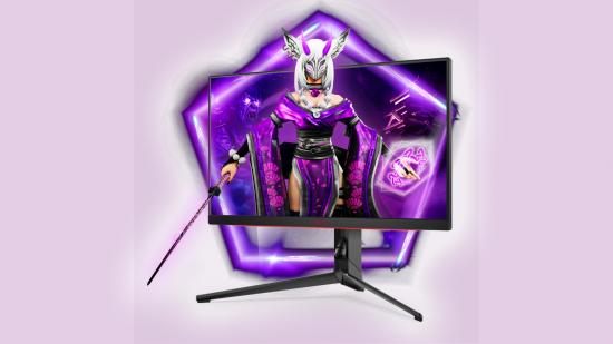 AOC mini LED gaming monitor with mascot coming out of screen holding katana on pink backdrop