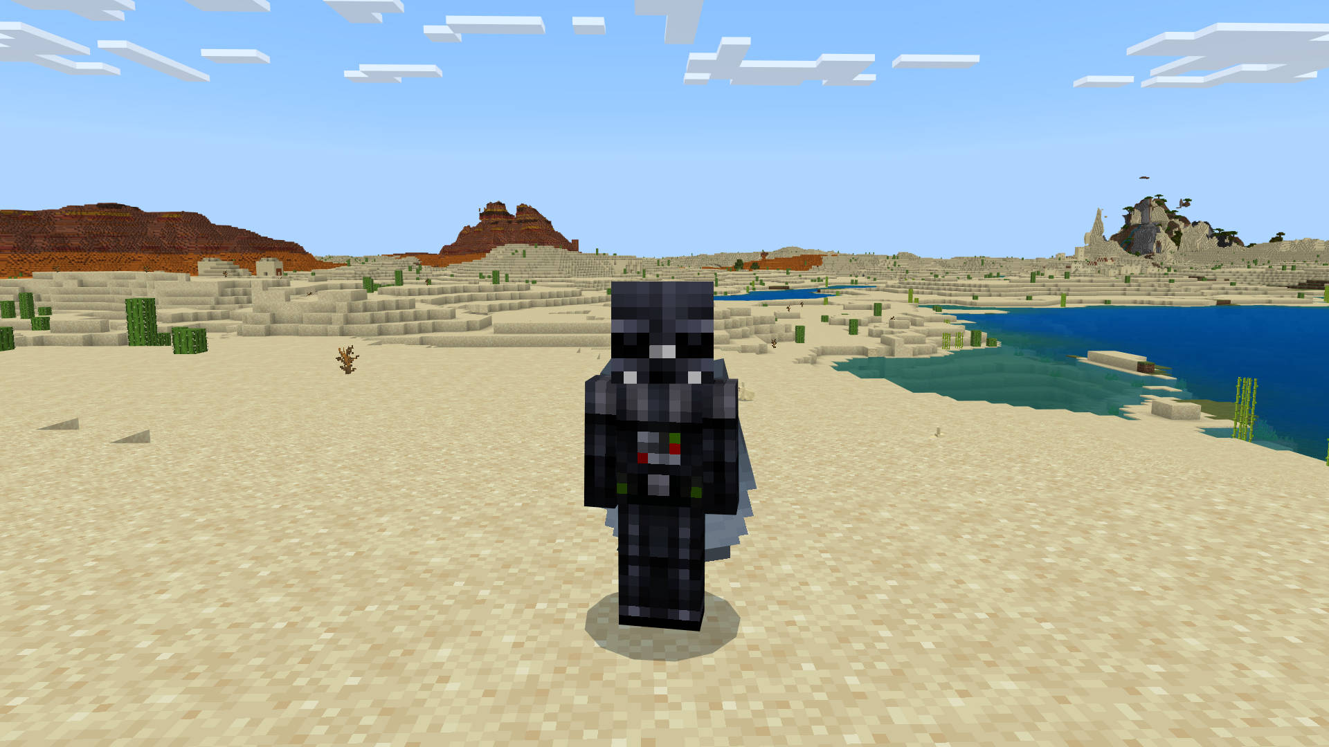 Best Minecraft skins: Darth Vader is standing on a beach near some mountains.