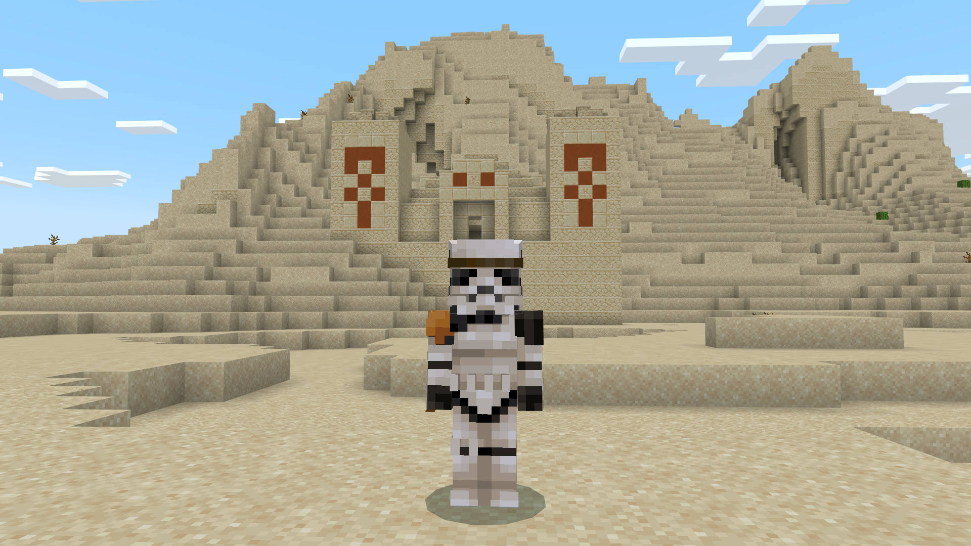 Best Minecraft skins: a Star Wars Stormtrooper standing guard outside of some desert ruins. He has not found the droids he is looking for.